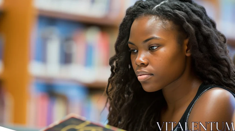 Thoughtful African American Teenage Girl Reading in Library AI Image