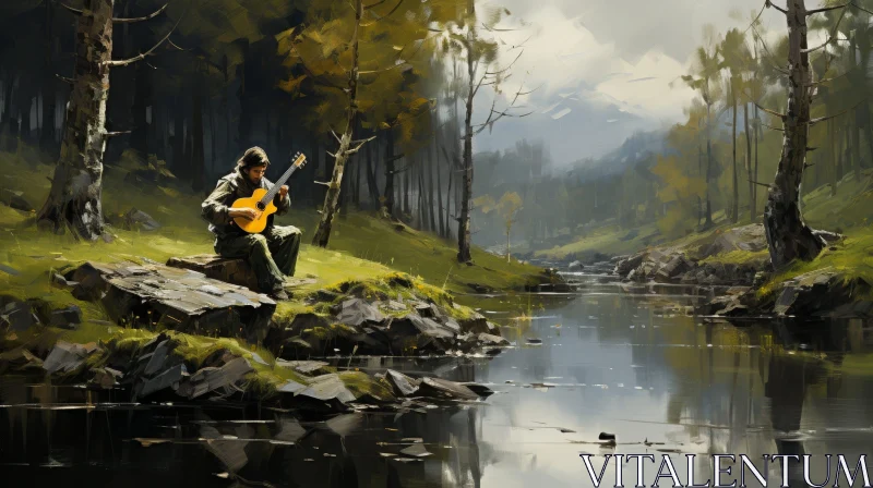 Tranquil Nature Painting with Man Playing Guitar by River AI Image