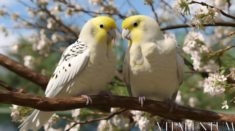 Yellow Parrots on Blooming Tree Branch AI Image