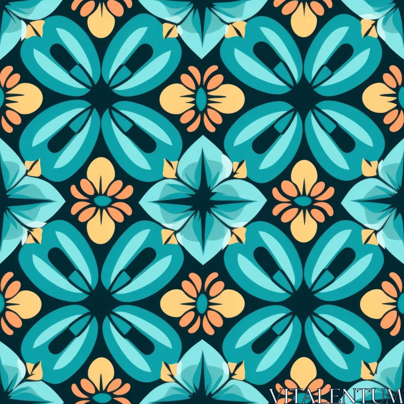 Blue and Orange Floral Pattern on Dark Blue Background AI Image