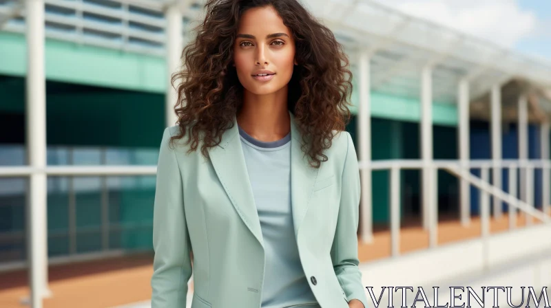 Confident Young Woman in Mint-Green Suit Jacket AI Image