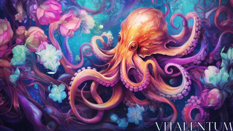 AI ART Detailed Octopus Surrounded by Flowers and Plants