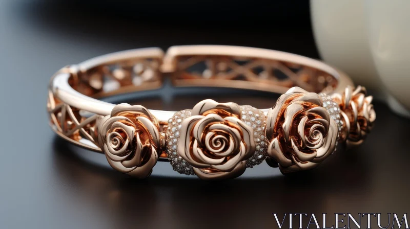 AI ART Elegant Rose Gold Bracelet with Rose Flowers and Diamonds