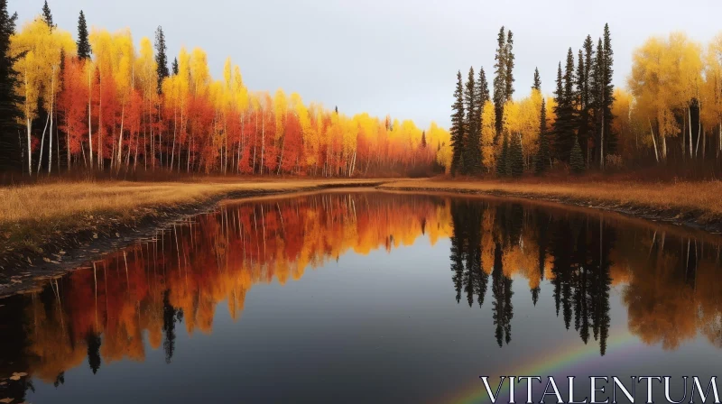 Enchanting Autumn Forest with River and Rainbow AI Image