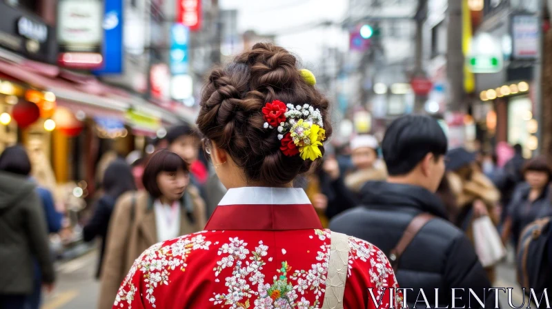 Enchanting Sight: Woman in Red Kimono with Floral Patterns Walking in Japan AI Image