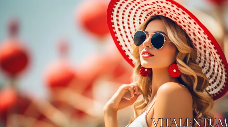 Fashionable Young Woman in Striped Hat and Sunglasses AI Image
