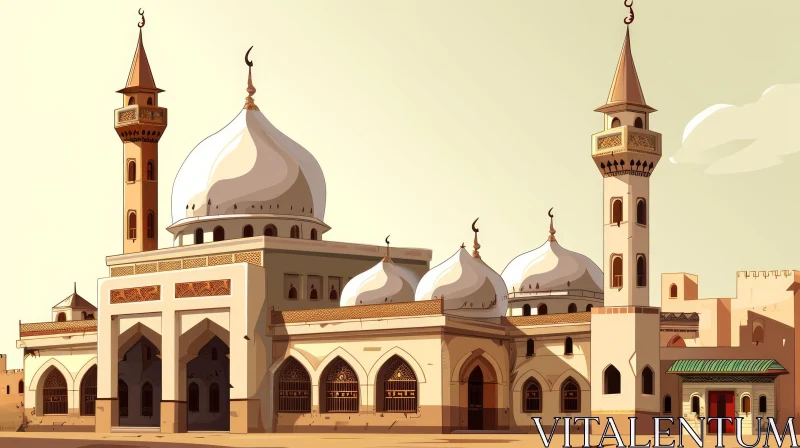 Intricate Carvings: A Sandstone Mosque with White Domes and Minarets AI Image