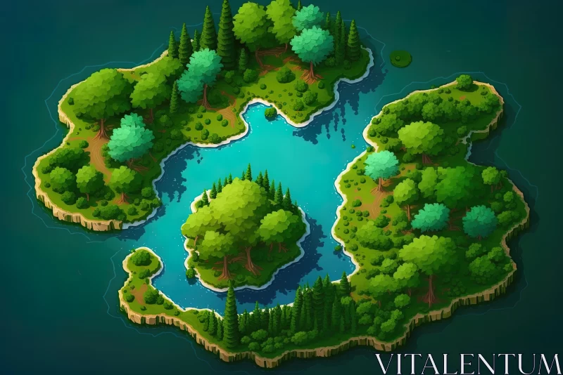 Lush Cartoon Island with Trees and Water - Isometric Art Style AI Image