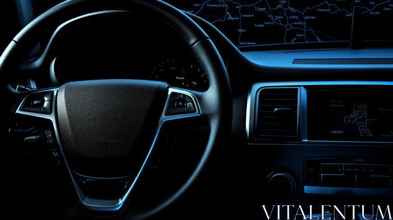 Modern Car Interior Design - Steering Wheel & Navigation System AI Image