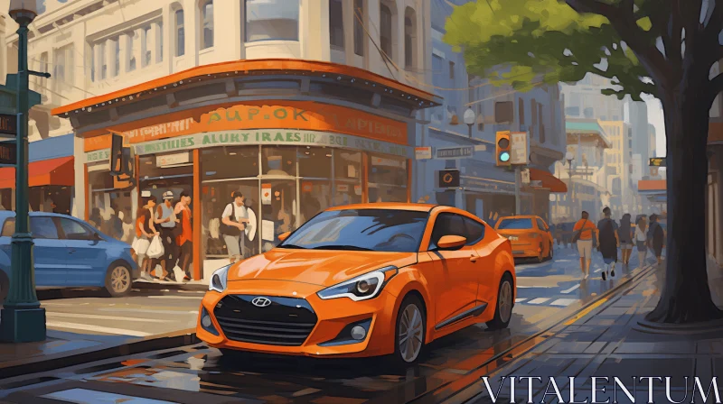 Orange Car on Street: A Lively Cityscape with Precisionist Lines AI Image