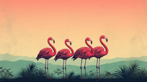 Pink Flamingos Sunset Illustration