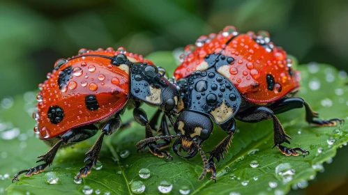 Red Ladybugs on Green Leaf Close-up