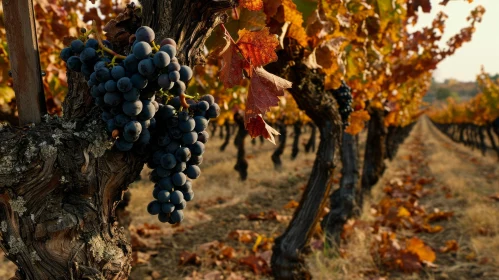 Ripe Clusters of Red Wine Grapes on Autumn Vineyards
