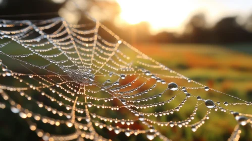 Sunlit Spider Web with Dew Drops - Nature Close-up