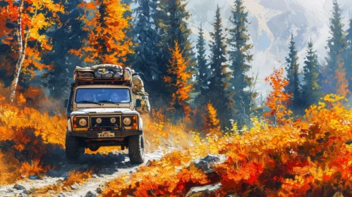 White Land Rover Defender Driving Through Autumn Forest