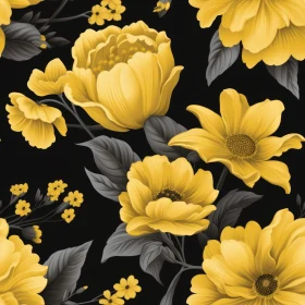 Yellow and Grey Floral Pattern on Black Background