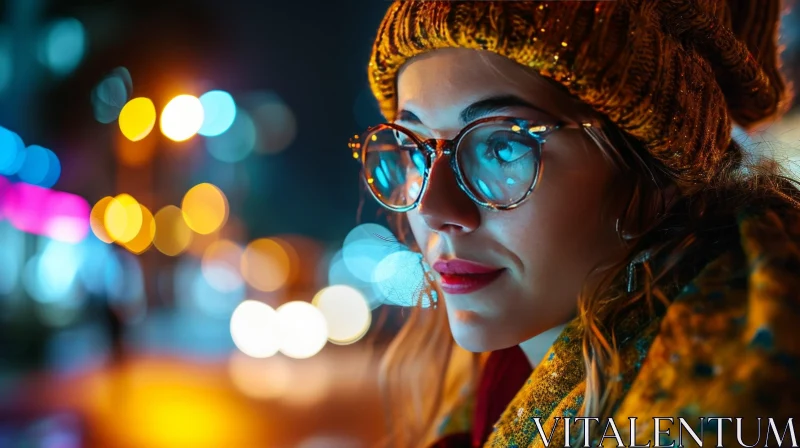Young Woman with Glasses and Yellow Beanie - Pensive Expression AI Image