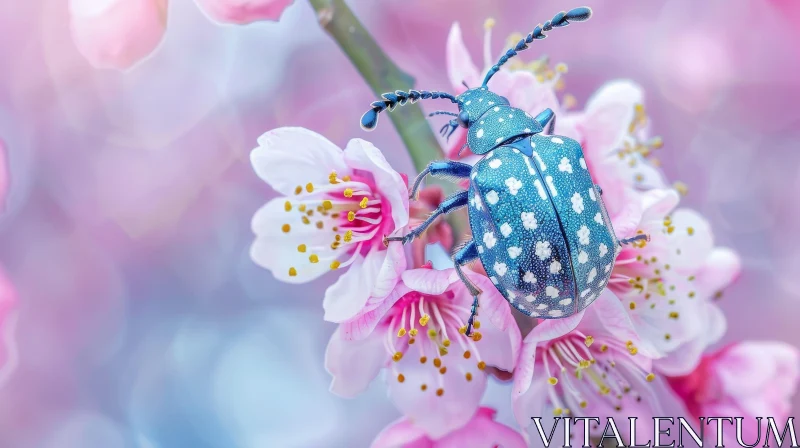 Blue Beetle on Cherry Blossom Tree - Nature Beauty AI Image