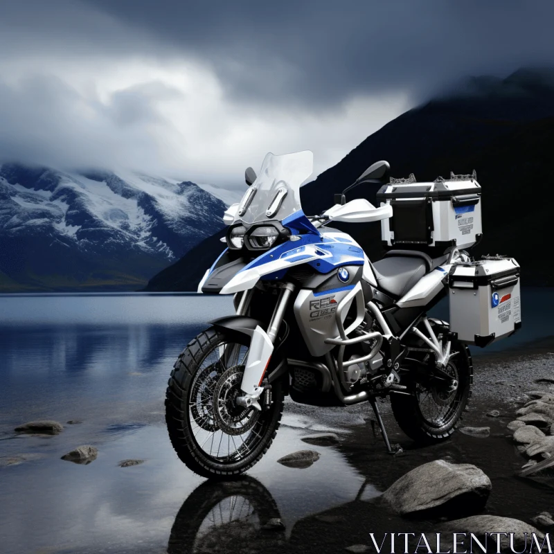 BMW Adventure Motorcycle Parked on Waterfront | Dark Sky-Blue and White AI Image