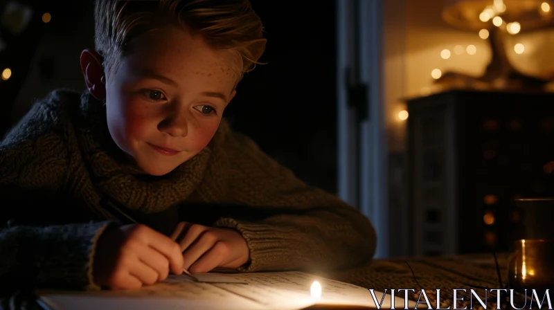 Captivating Image of a Boy Writing a Letter to Santa Claus by Candlelight AI Image