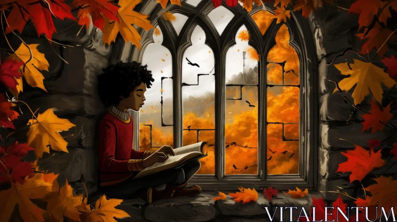Captivating Painting of a Serene Boy Reading in a Window Seat AI Image