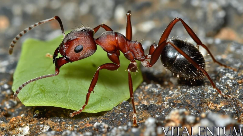 Close-Up Image of Ant Carrying Leaf on Rock AI Image