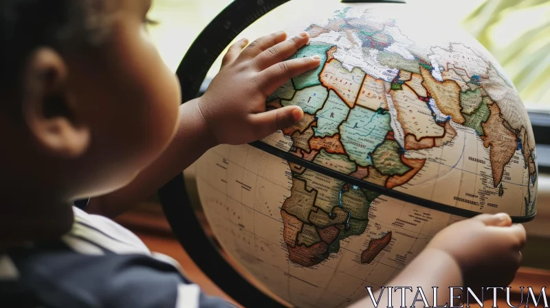 AI ART Close-up of Child's Hands Holding a Globe with World Map
