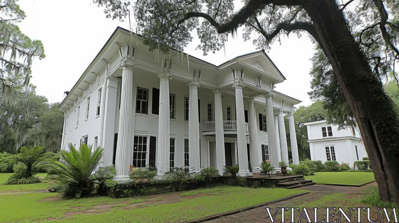 Elegant Greek Revival Plantation House with Porch and Tree AI Image