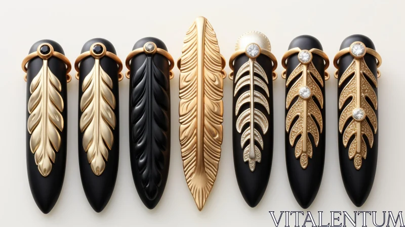 AI ART Exquisite Black and Gold Feather Rings with Diamonds