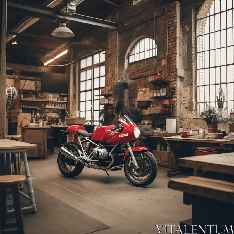 Exquisite Craftsmanship: Red Motorcycle in Workshop | Italian Landscapes AI Image