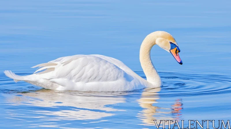 Graceful White Swan Swimming in Serene Blue Lake AI Image