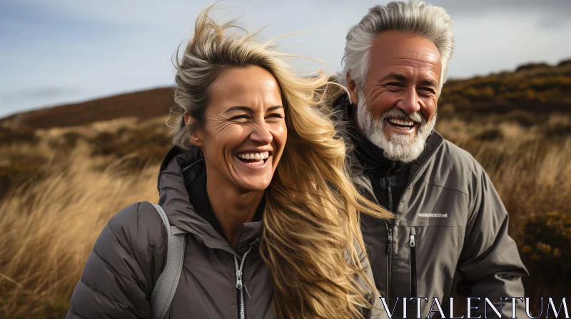 Joyful Couple Hiking in Mountain Landscape AI Image
