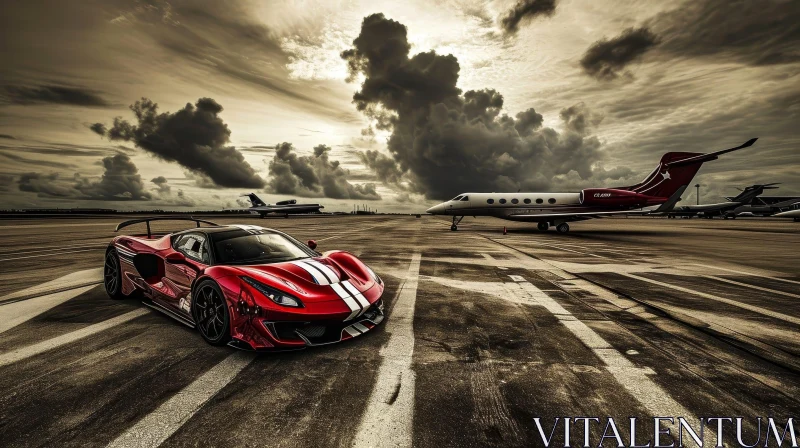 Red Sports Car and Private Jet on Runway Amidst Storm AI Image