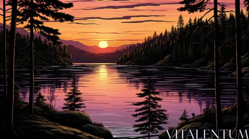 AI ART Tranquil Lake and Mountain Sunset Landscape