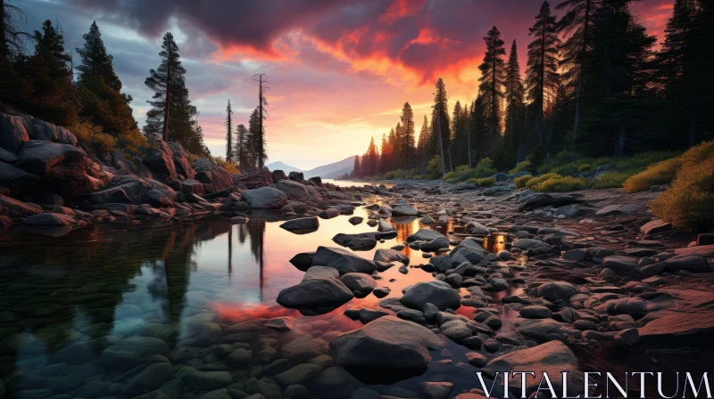 Tranquil Mountain Lake Sunset Landscape AI Image