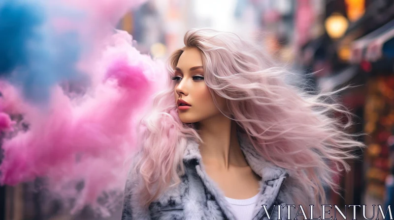 Urban Pink Hair Woman in City Street AI Image