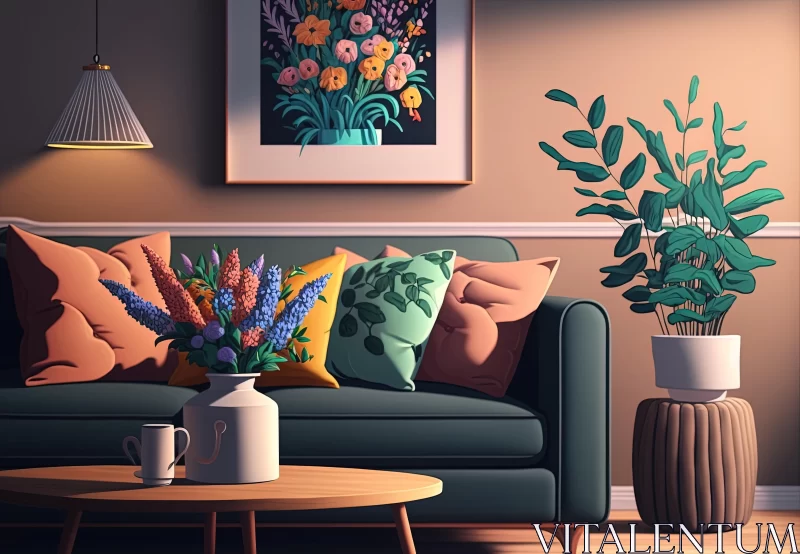 Vibrant 3D Lounge Room with Flowers on the Sofa | Cartoonish Atmosphere AI Image
