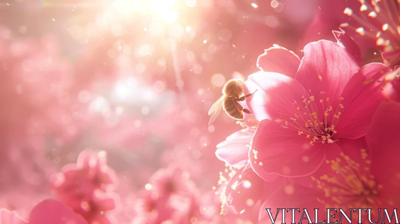 AI ART Bee on Pink Flower - Natural Light Close-up