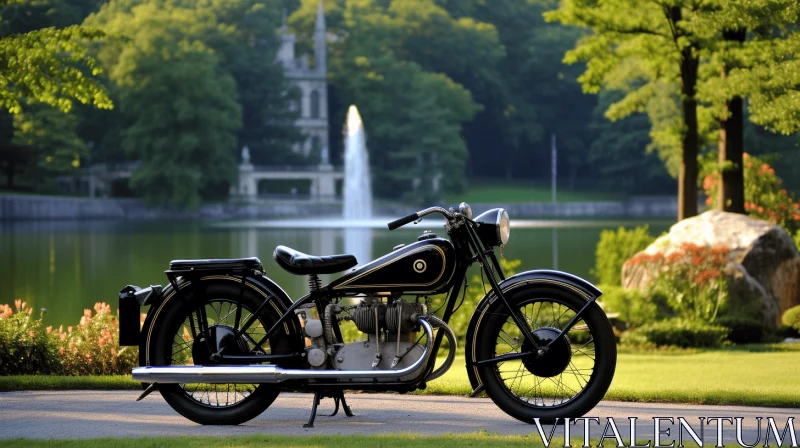 Black Motorcycle Parked Next to a Fountain | Danish Golden Age Art AI Image