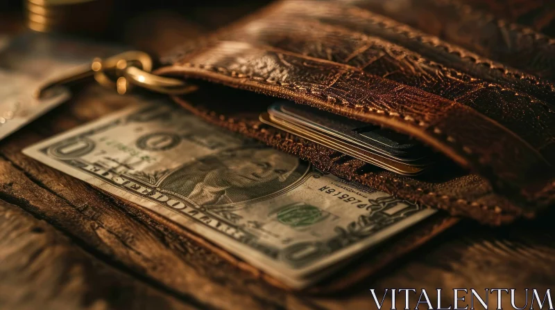 Close-up of Brown Leather Wallet with Dollar Bill and Credit Cards AI Image