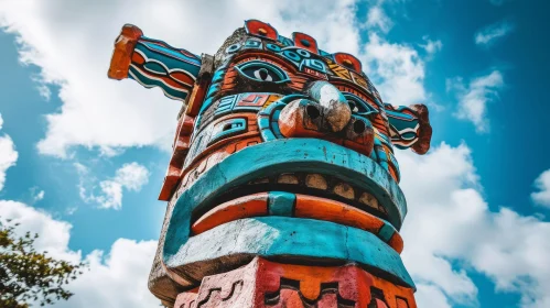 Colorful Totem Pole Against Blue Sky | Intricate Wood Carving
