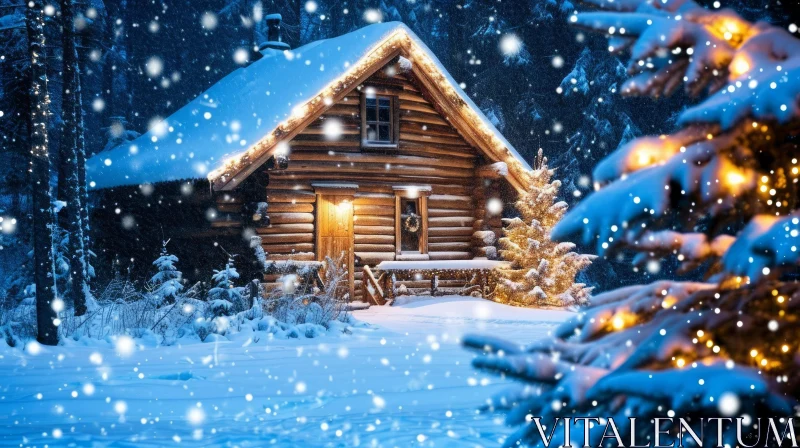Cozy Wooden Cabin in Snowy Forest | Winter Night AI Image