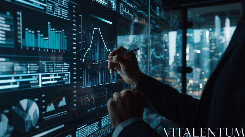Dark and Moody Businessman Analyzing Financial Data in Modern Office AI Image