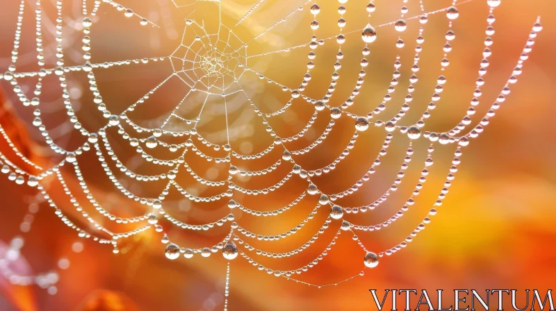 AI ART Enchanting Spider Web with Dew Drops on Orange Background