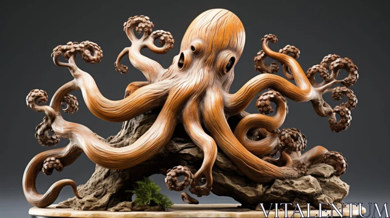 Enigmatic Wooden Octopus Sculpture | 3D Rendering AI Image