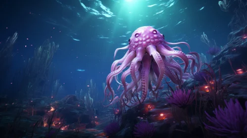 Giant Pink Octopus Digital Painting in Deep Blue Sea