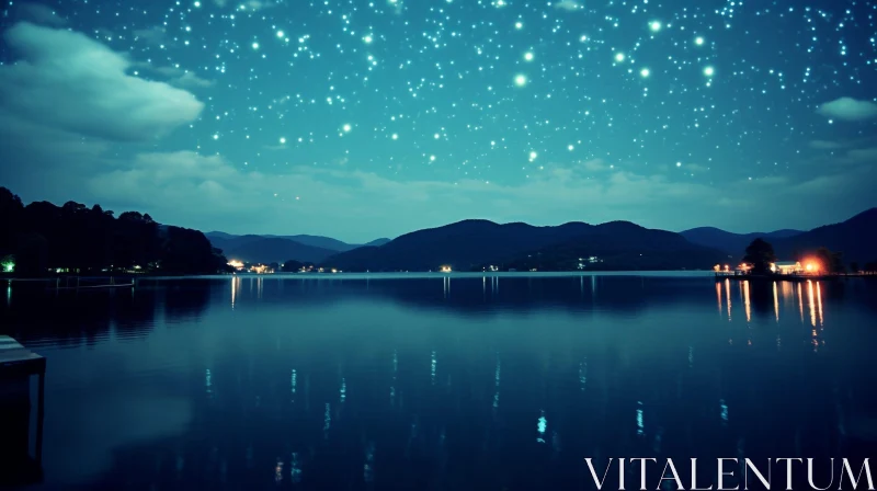 Night Lake Landscape: Serene Reflections of Starlight AI Image