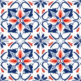 Symmetrical Blue and Red Floral Tiles Pattern