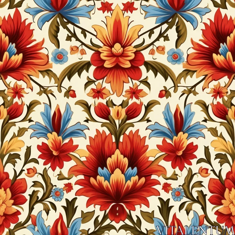 Vintage Floral Seamless Pattern in Red, Orange, Blue, and Green AI Image