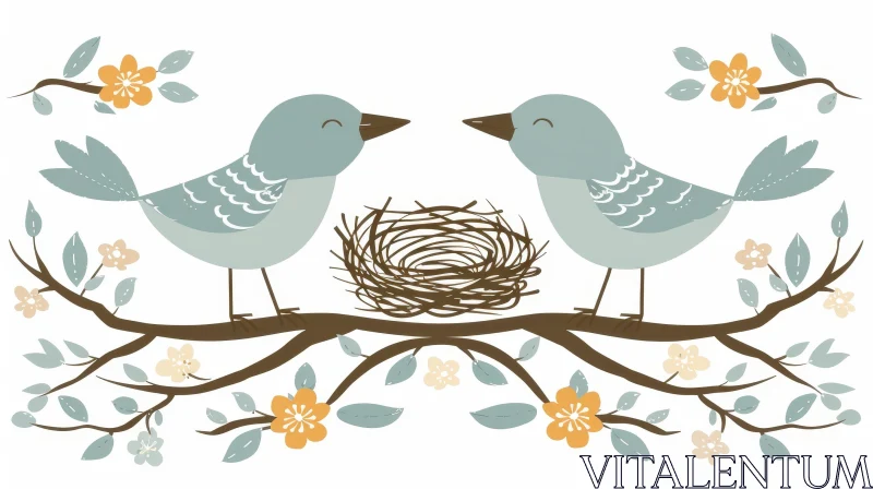 Blue Birds Illustration on Branch AI Image